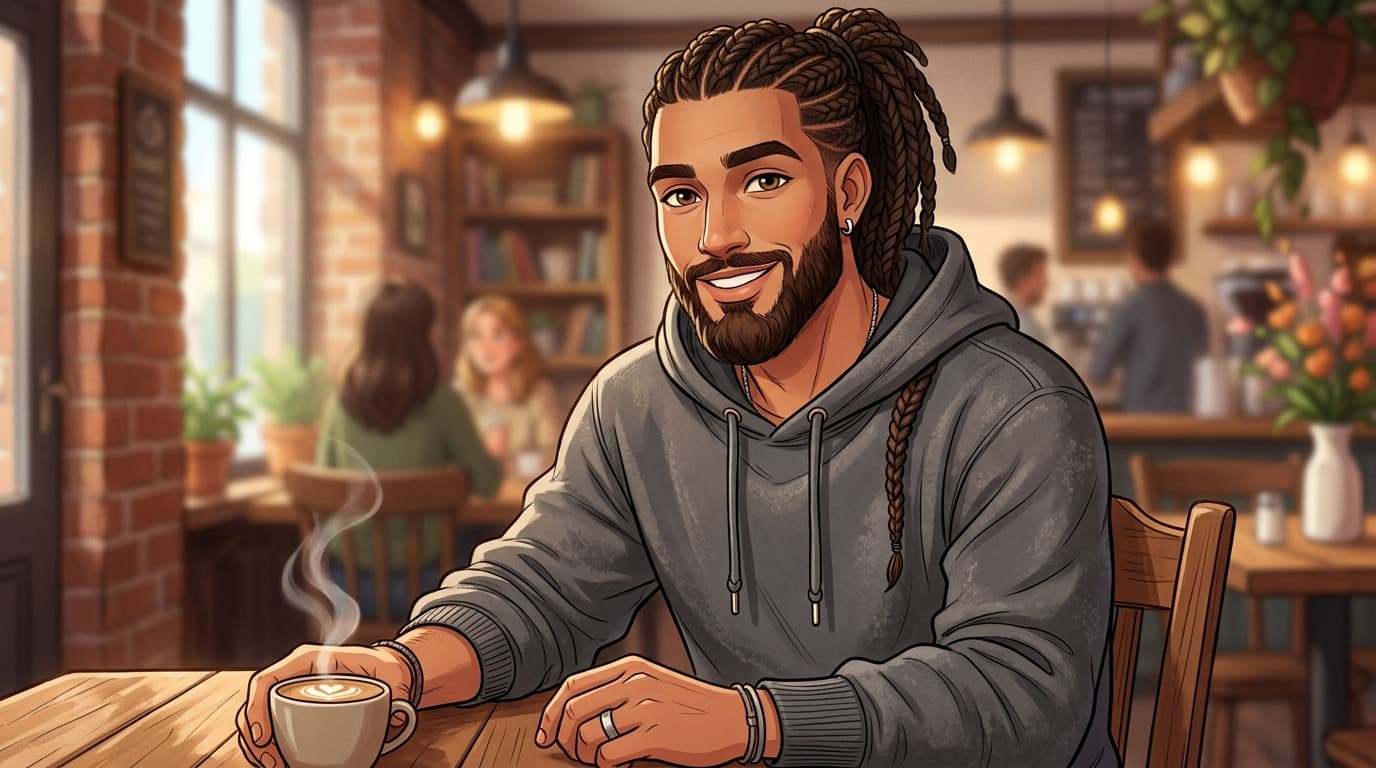 Illustrated portrait of Chikere Udochukwu Victor in a grey hoodie, smiling at a café table with a cup of coffee