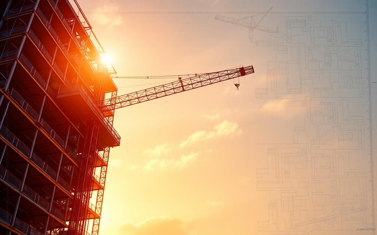 Tower crane and steel building frame at sunset beside architectural blueprint lines