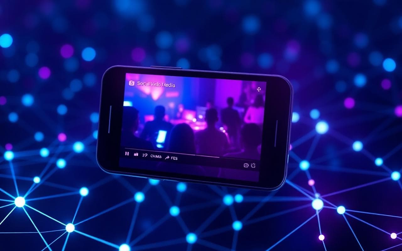 BlockTok social video feed on a phone floating over a glowing blockchain network