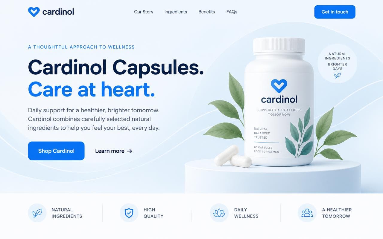Cardinol Capsules landing page with the headline Care at heart beside a capsule bottle and green leaves