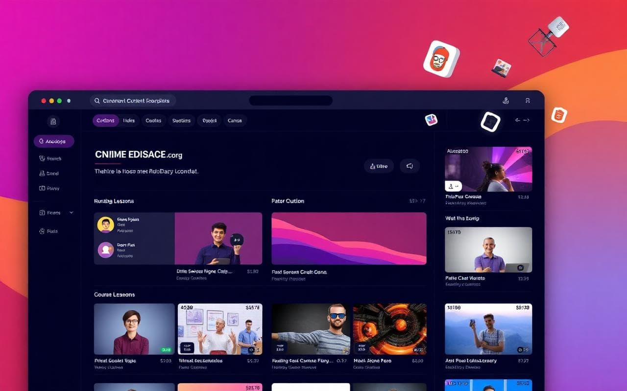 Edu Creator dashboard with trending lessons and course cards on a dark interface