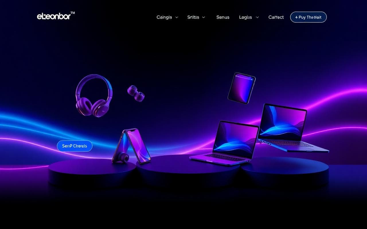 Electronic Ecommerce homepage with headphones, earbuds, a phone and laptops on glowing purple display stands