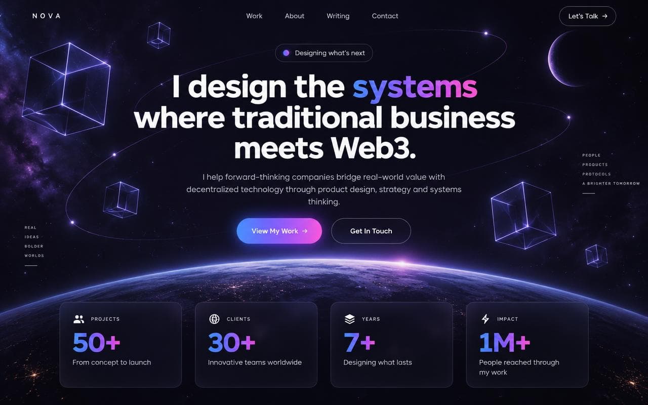 Space-themed personal brand site with the headline I design the systems where traditional business meets Web3