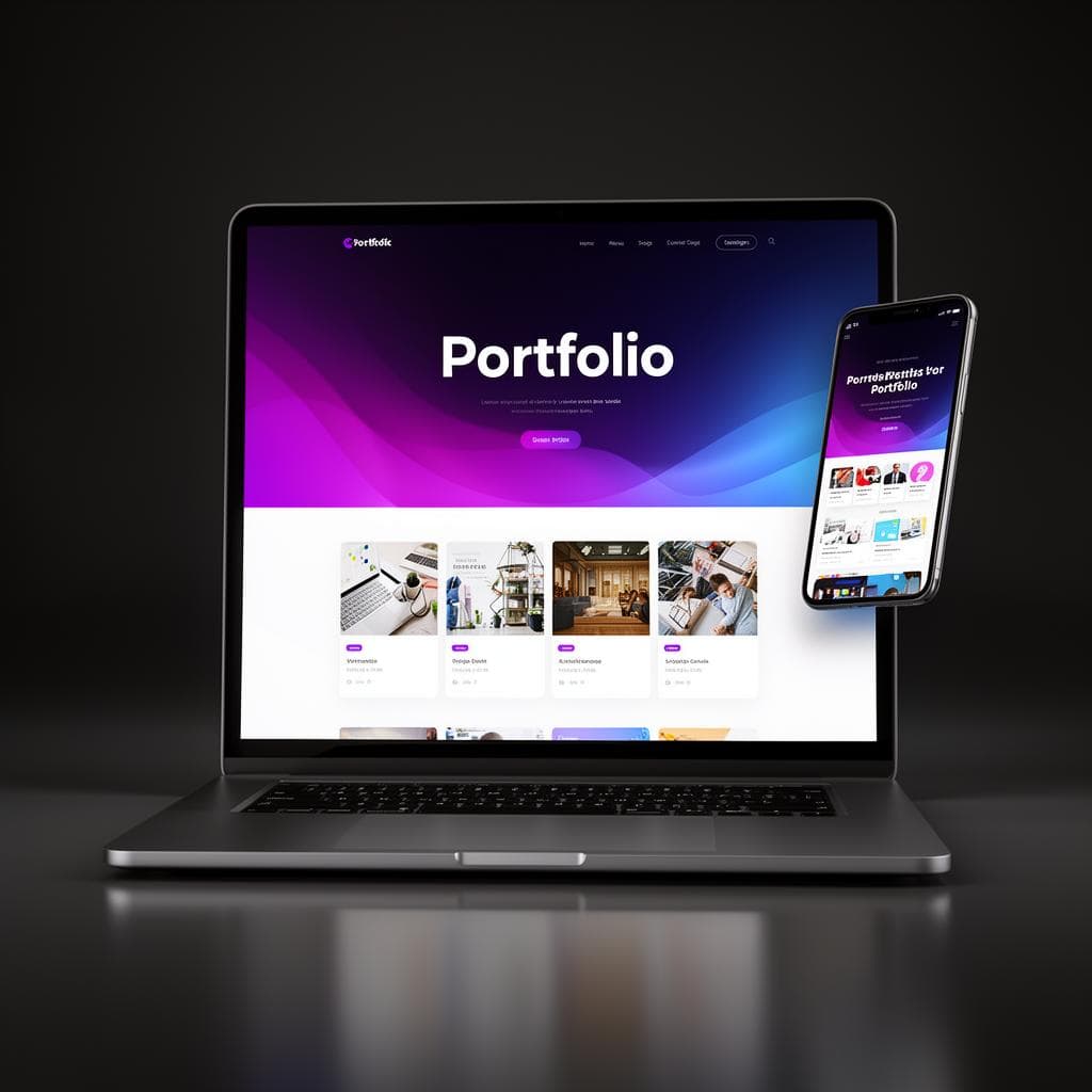 Portfolio website shown on a laptop and a phone with a purple gradient hero