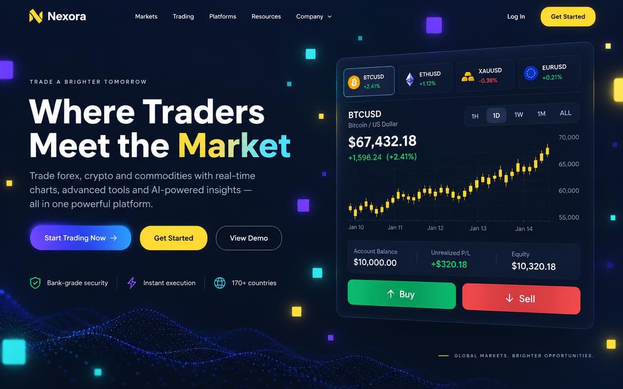 Trading platform hero with the headline Where Traders Meet the Market next to a live Bitcoin price chart